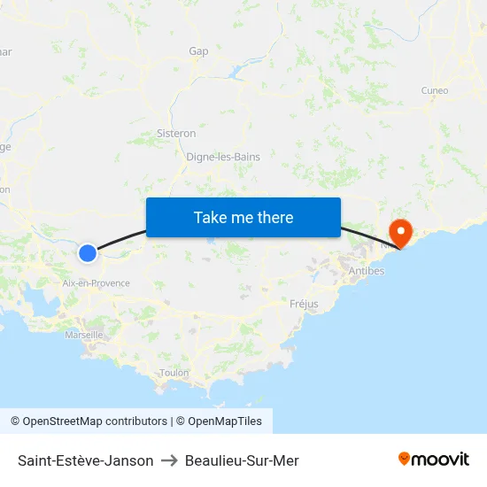 Saint-Estève-Janson to Beaulieu-Sur-Mer map
