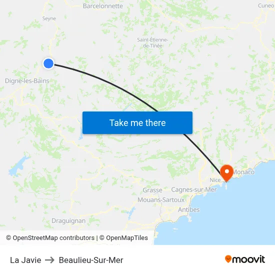 La Javie to Beaulieu-Sur-Mer map