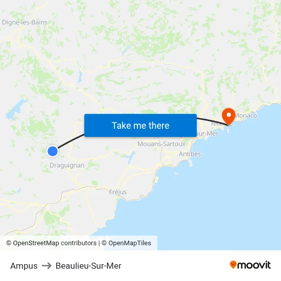 Ampus to Beaulieu-Sur-Mer map