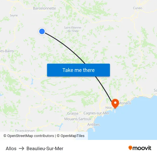 Allos to Beaulieu-Sur-Mer map