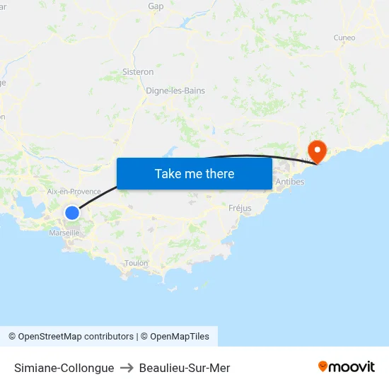 Simiane-Collongue to Beaulieu-Sur-Mer map