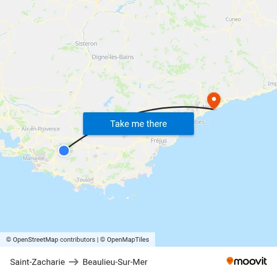 Saint-Zacharie to Beaulieu-Sur-Mer map
