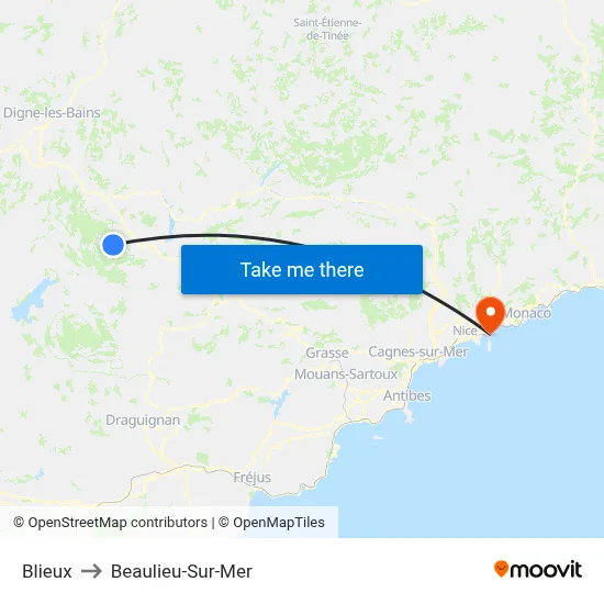Blieux to Beaulieu-Sur-Mer map