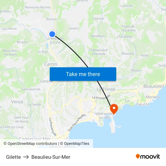 Gilette to Beaulieu-Sur-Mer map
