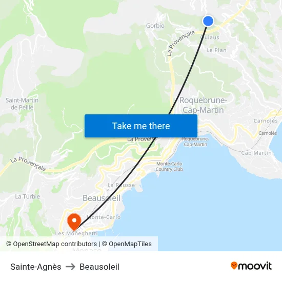 Sainte-Agnès to Beausoleil map