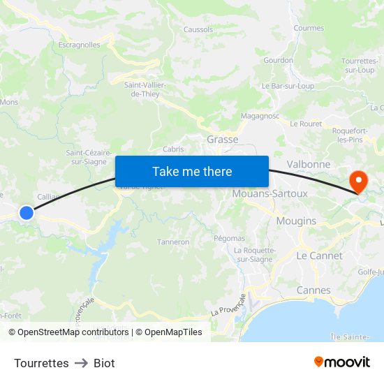 Tourrettes to Biot map
