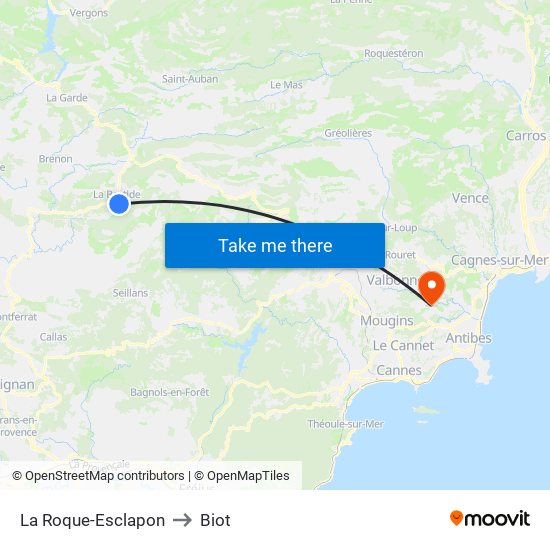 La Roque-Esclapon to Biot map