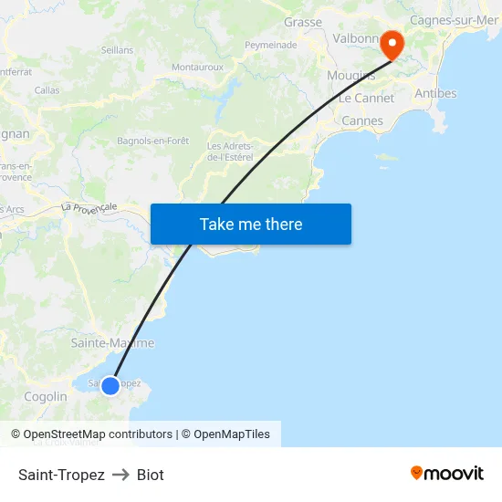 Saint-Tropez to Biot map