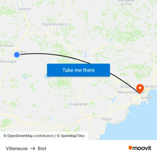 Villeneuve to Biot map