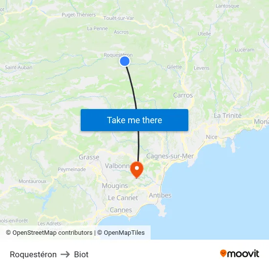 Roquestéron to Biot map