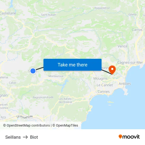 Seillans to Biot map