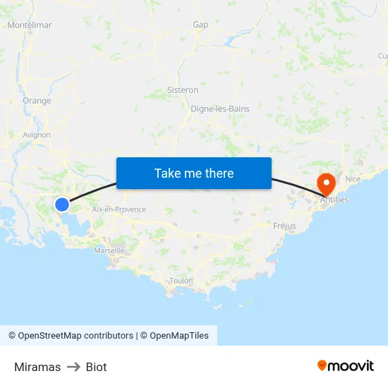 Miramas to Biot map