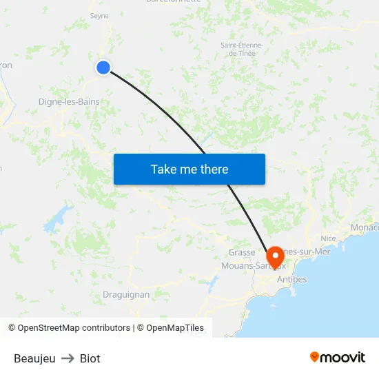 Beaujeu to Biot map