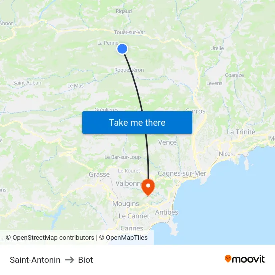 Saint-Antonin to Biot map