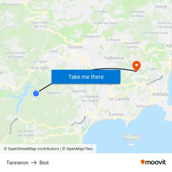 Tanneron to Biot map