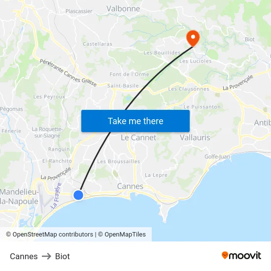 Cannes to Biot map