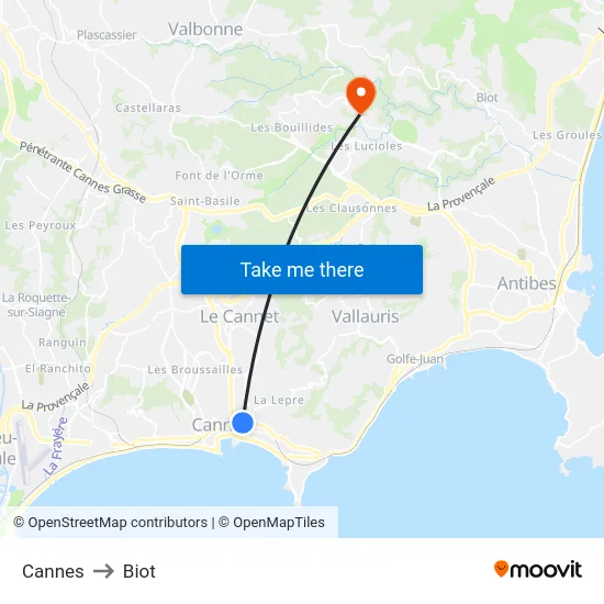 Cannes to Biot map
