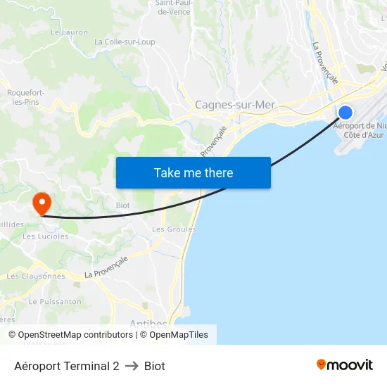 Aéroport Terminal 2 to Biot map