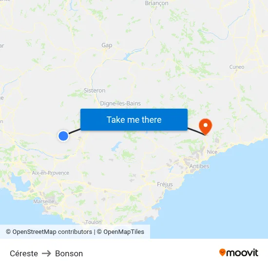 Céreste to Bonson map