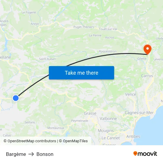 Bargème to Bonson map