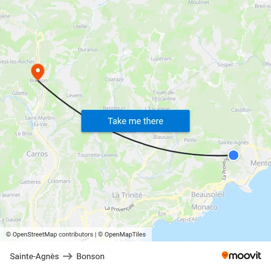 Sainte-Agnès to Bonson map