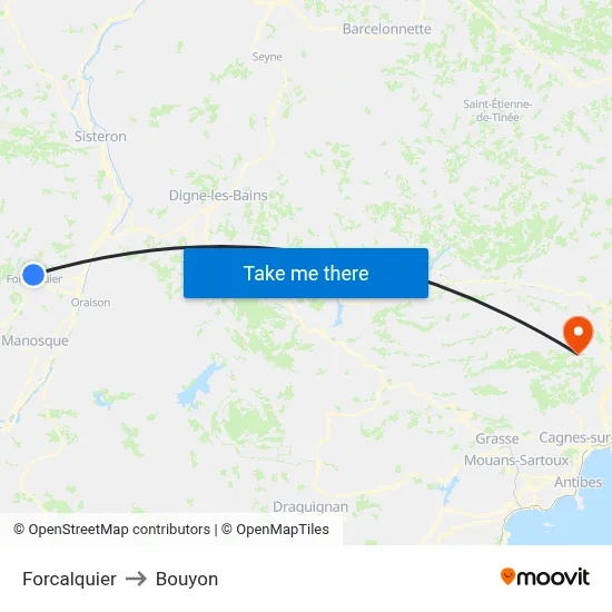 Forcalquier to Bouyon map