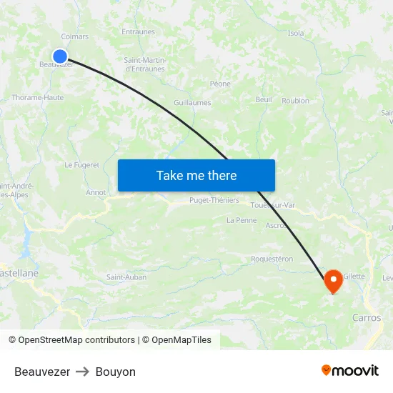 Beauvezer to Bouyon map