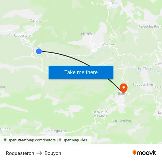 Roquestéron to Bouyon map