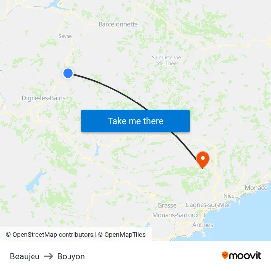 Beaujeu to Bouyon map