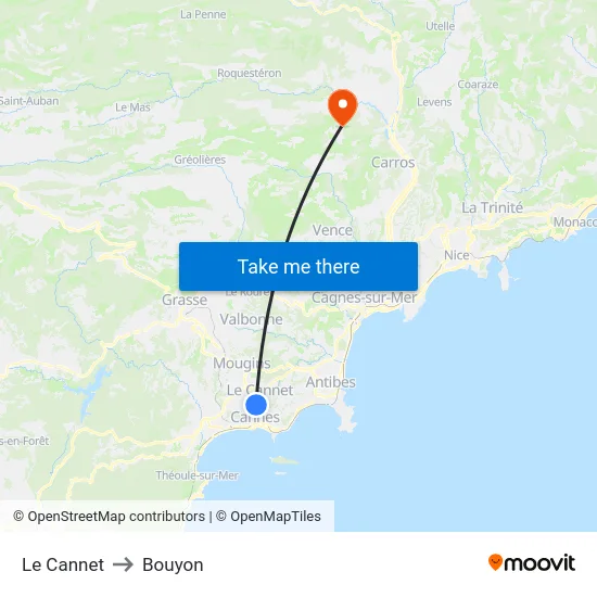 Le Cannet to Bouyon map