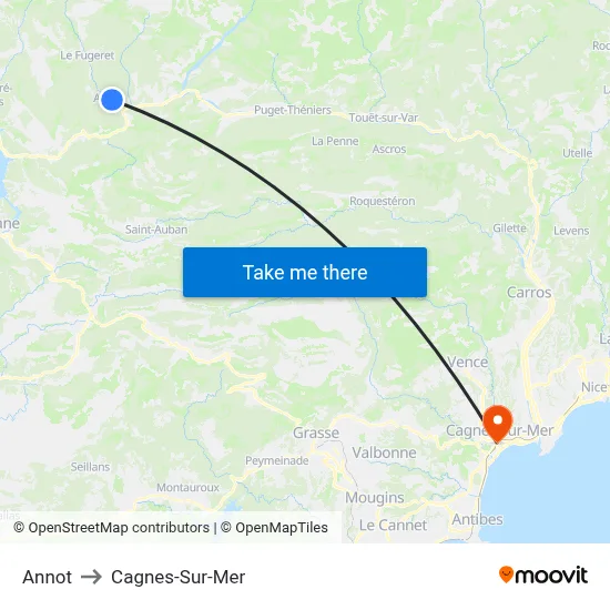 Annot to Cagnes-Sur-Mer map