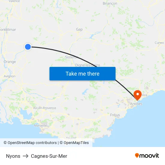 Nyons to Cagnes-Sur-Mer map