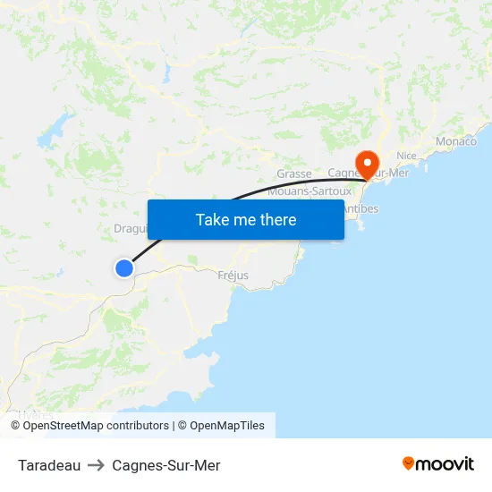 Taradeau to Cagnes-Sur-Mer map
