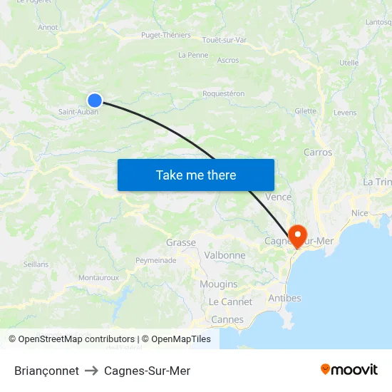 Briançonnet to Cagnes-Sur-Mer map