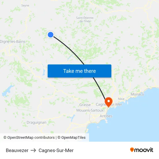Beauvezer to Cagnes-Sur-Mer map