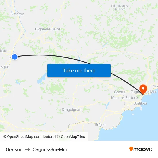 Oraison to Cagnes-Sur-Mer map