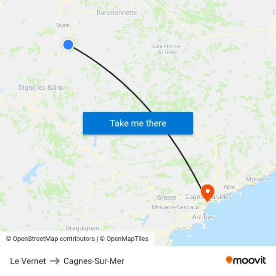 Le Vernet to Cagnes-Sur-Mer map