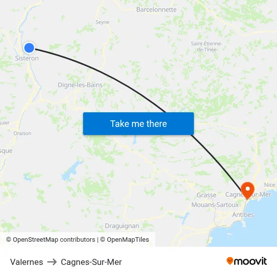 Valernes to Cagnes-Sur-Mer map