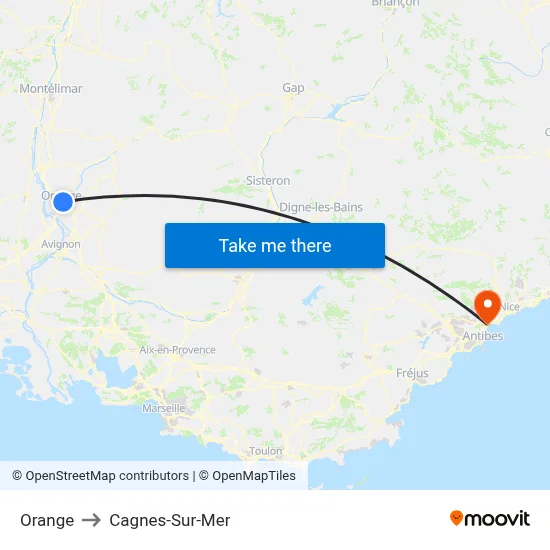 Orange to Cagnes-Sur-Mer map