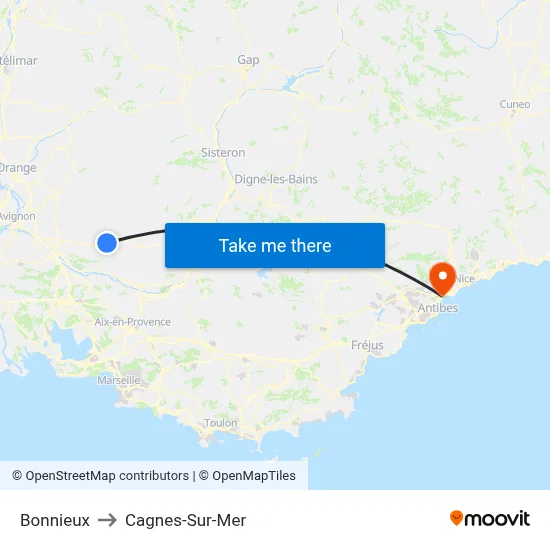 Bonnieux to Cagnes-Sur-Mer map