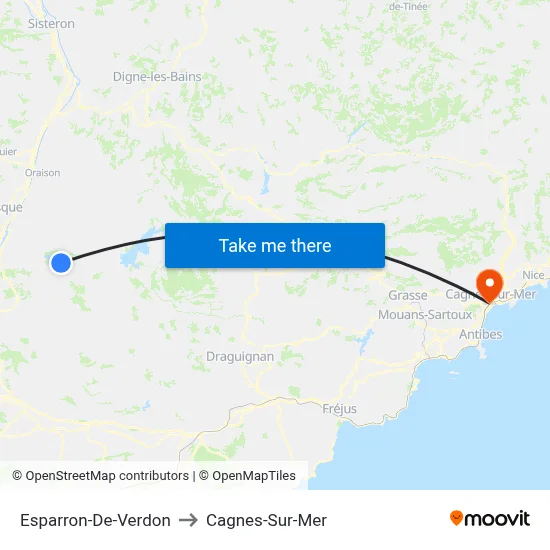 Esparron-De-Verdon to Cagnes-Sur-Mer map