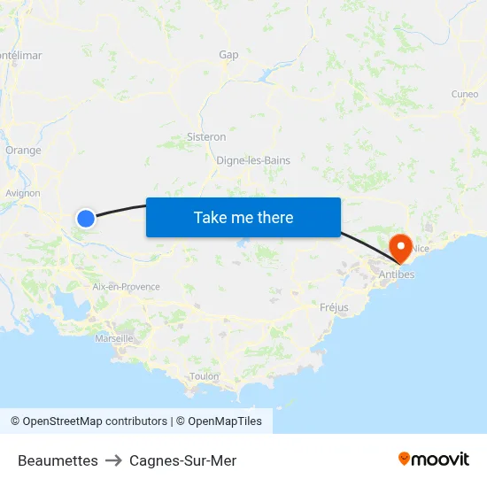 Beaumettes to Cagnes-Sur-Mer map