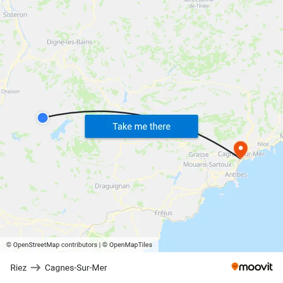 Riez to Cagnes-Sur-Mer map