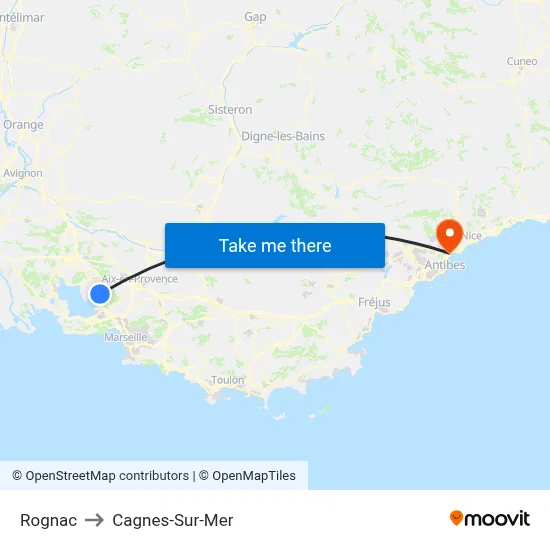 Rognac to Cagnes-Sur-Mer map