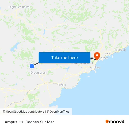 Ampus to Cagnes-Sur-Mer map