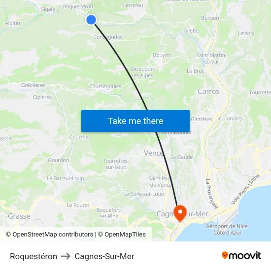 Roquestéron to Cagnes-Sur-Mer map