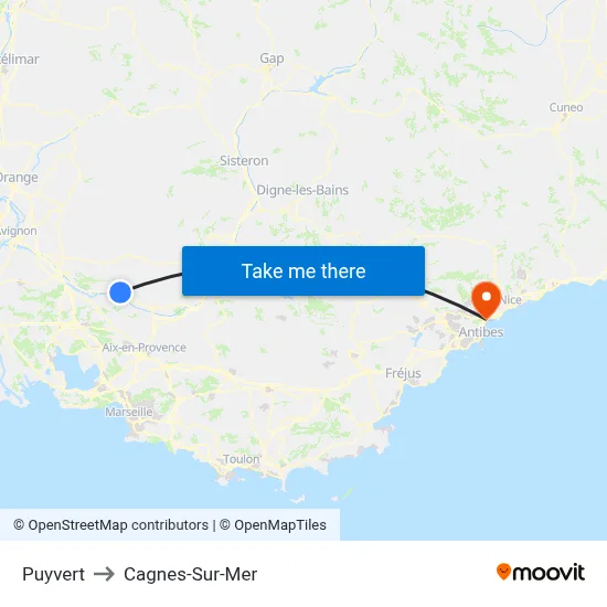 Puyvert to Cagnes-Sur-Mer map
