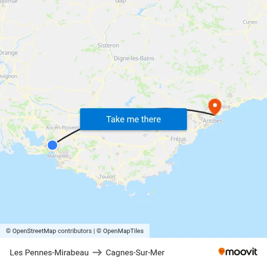 Les Pennes-Mirabeau to Cagnes-Sur-Mer map