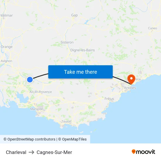 Charleval to Cagnes-Sur-Mer map