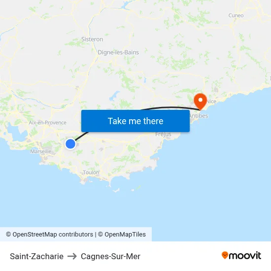 Saint-Zacharie to Cagnes-Sur-Mer map